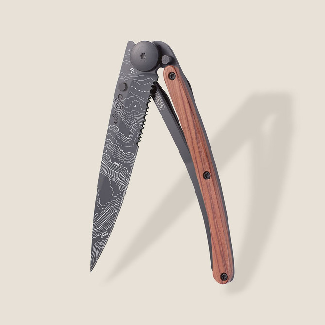 Serrated 37G Knife, Coral Wood / Topography