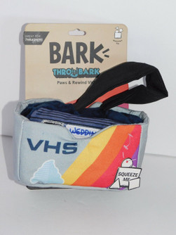 Bark Box Dog Toy Throwbark Paws and Rewind VHS Tape Crinkle Squeaker
