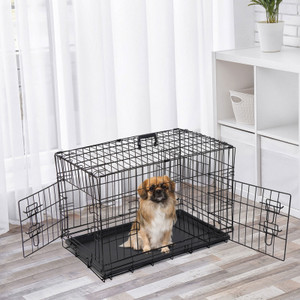 30" Metal Dog Crate Cage Double Doors Durable Pet Crate Black Dog Cage