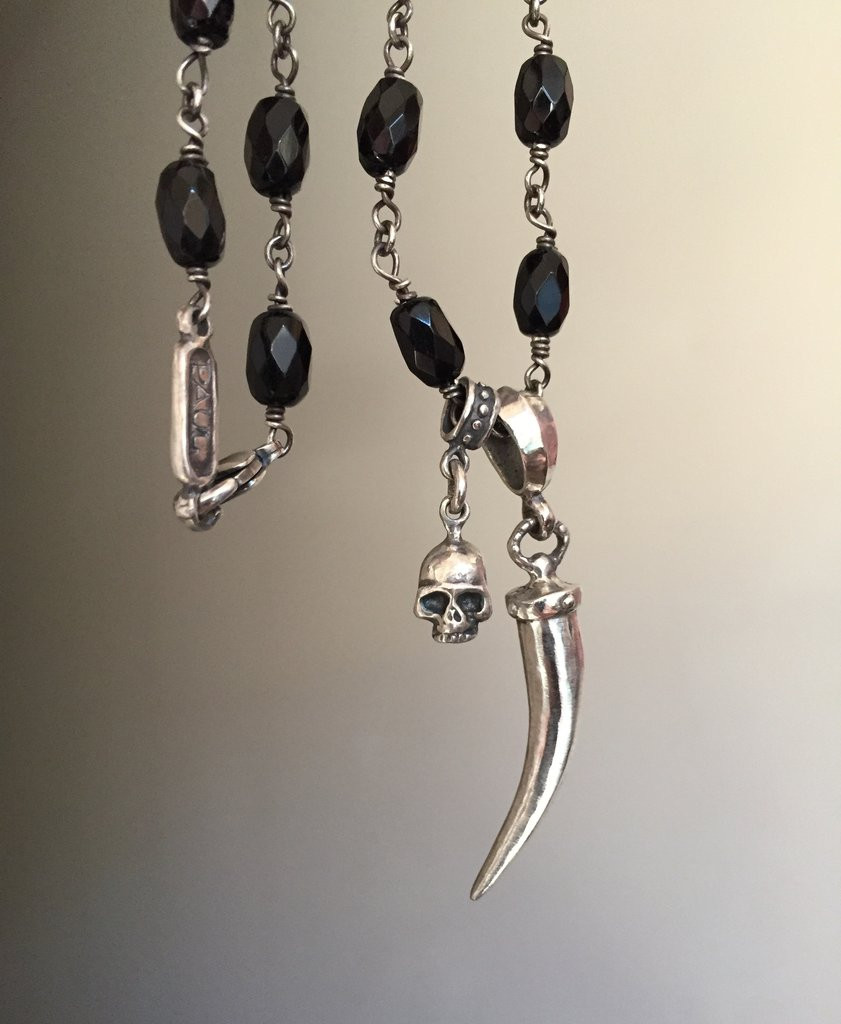Roman Paul Silver Skull & Horn Charms on Black Onyx Necklace
