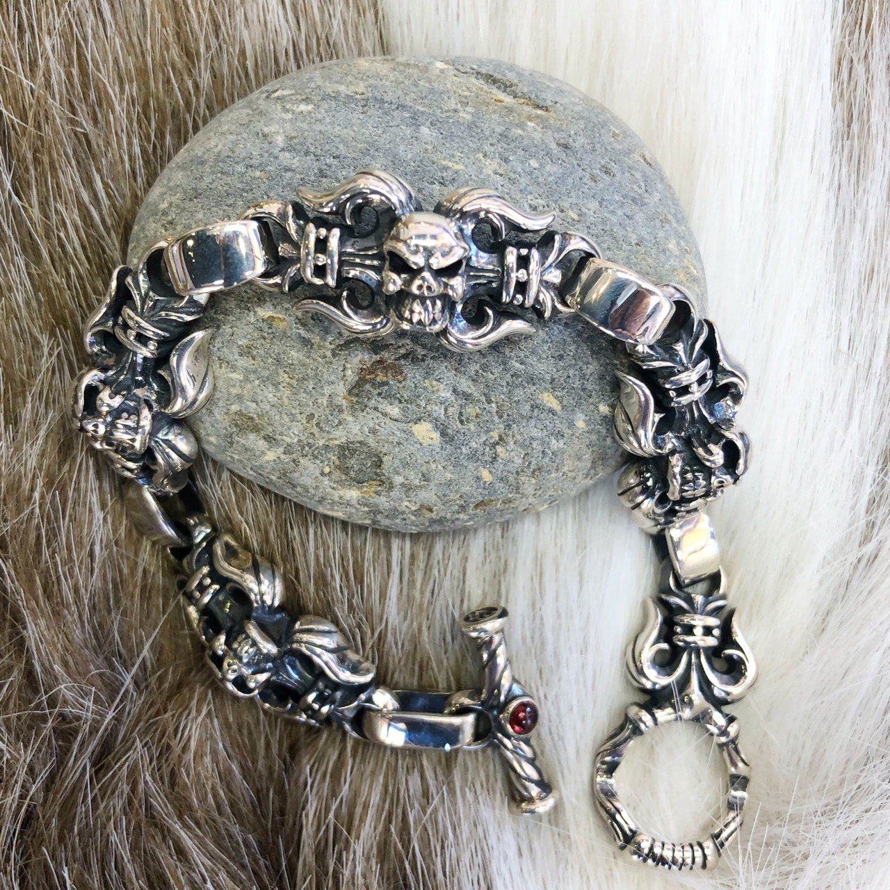 Sterling Silver Punk Skulls Link Chain Bracelet