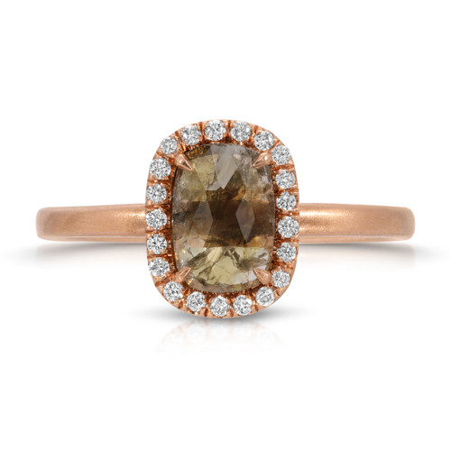 Rustic natural diamond ring set with diamond halo in 14K rose gold