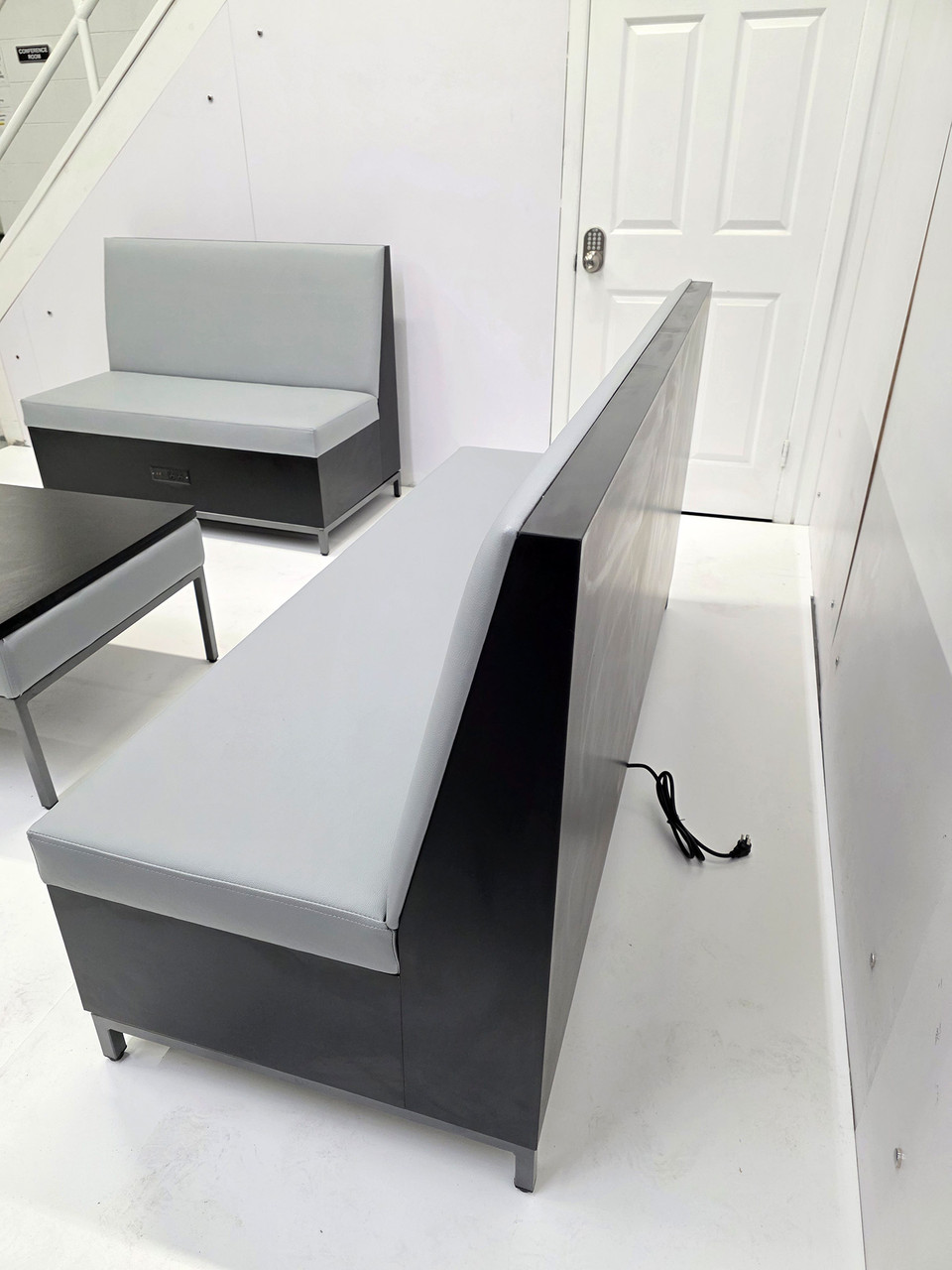 Reception Sofa - Gunmetal Frame - Premium Formica® Base - Soft Seating with Power / USB Outlet Reception Sofa - Gunmetal Frame - Premium Formica® Base - Soft Seating with Power / USB Outlet