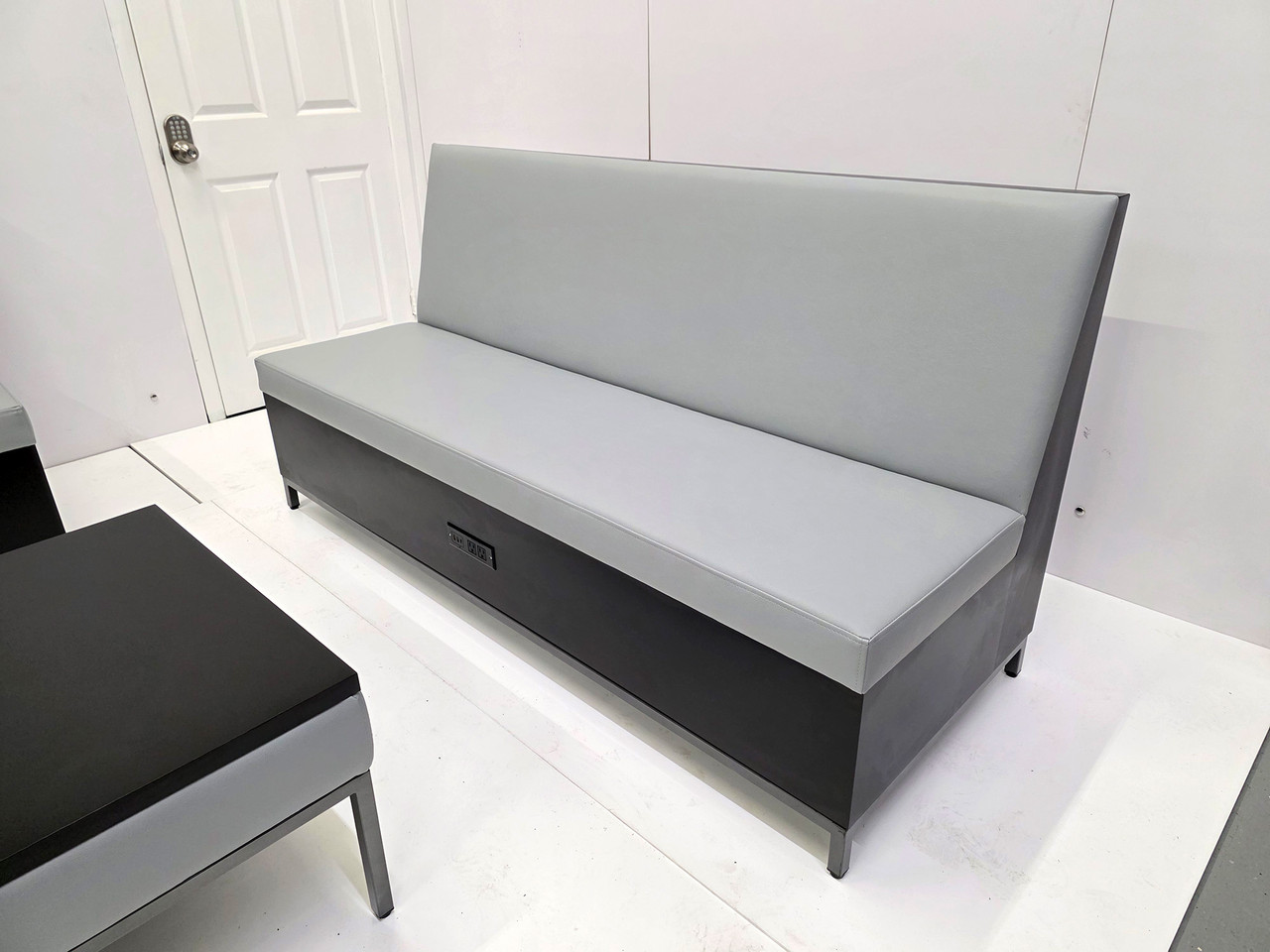 Reception Sofa - Gunmetal Frame - Premium Formica® Base - Soft Seating with Power / USB Outlet Reception Sofa - Gunmetal Frame - Premium Formica® Base - Soft Seating with Power / USB Outlet