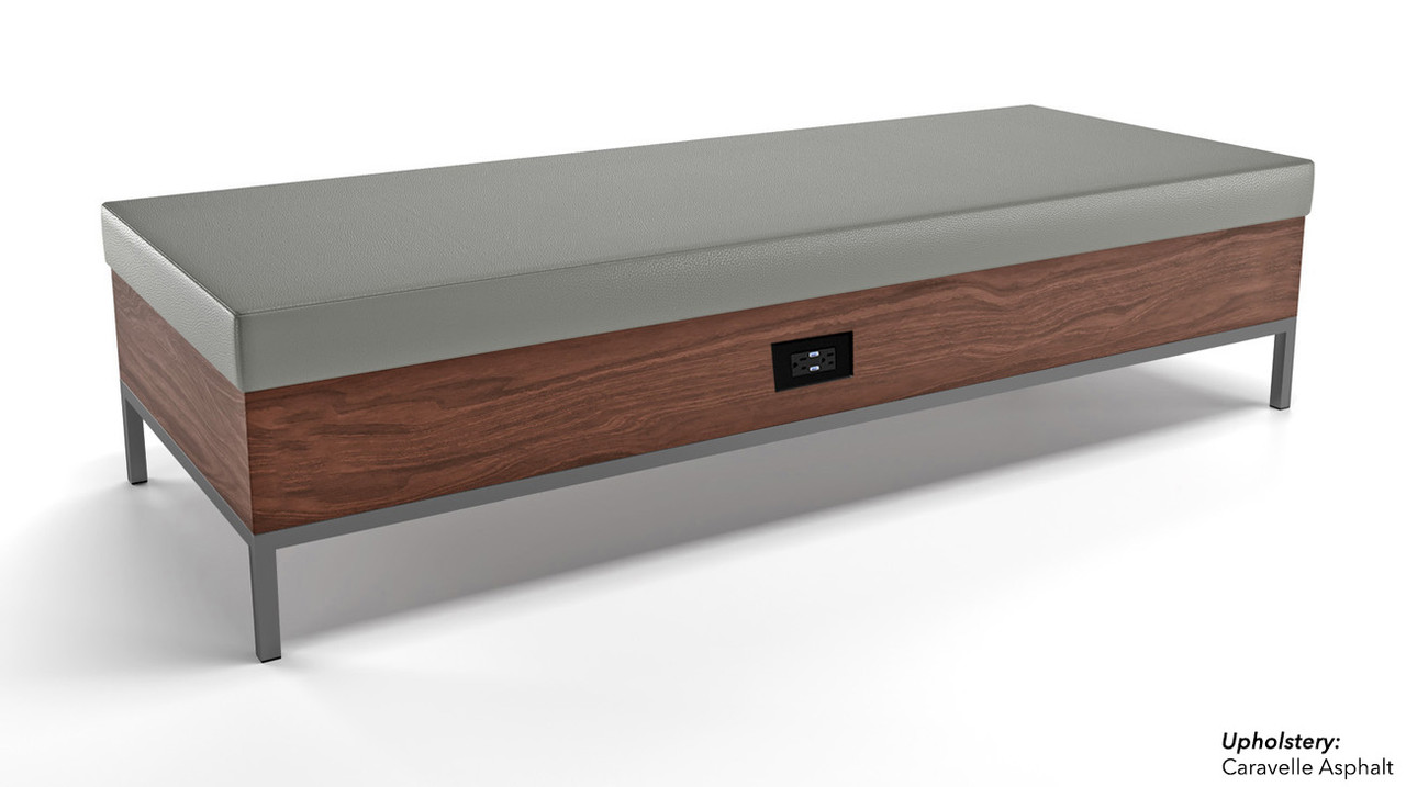 Long Reception Bench - Gunmetal Frame - Walnut Formica® - Soft Seating with a Power USB Outlet Long Reception Bench - Gunmetal Frame - Walnut Formica® - Soft Seating with a Power USB Outlet