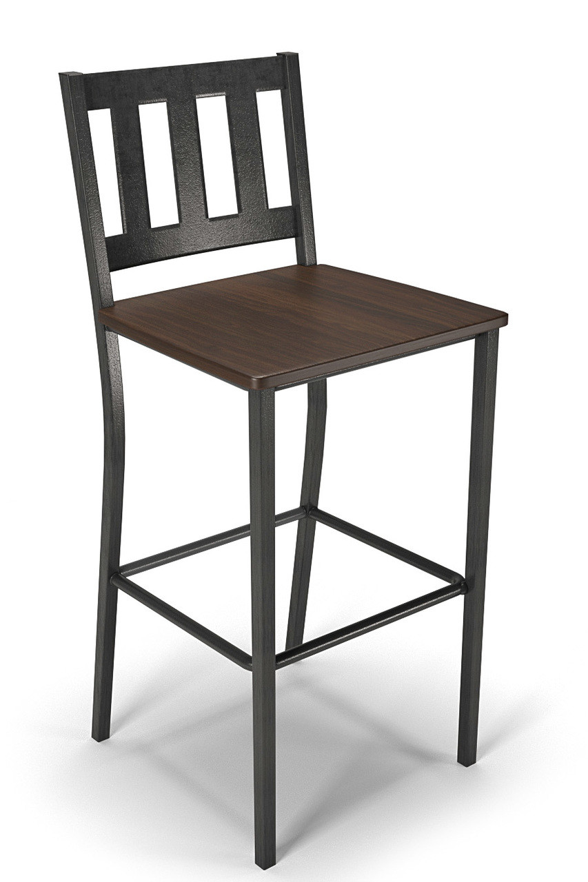 Vertical Back Design Gunmetal Bar Stool with Wood Seat