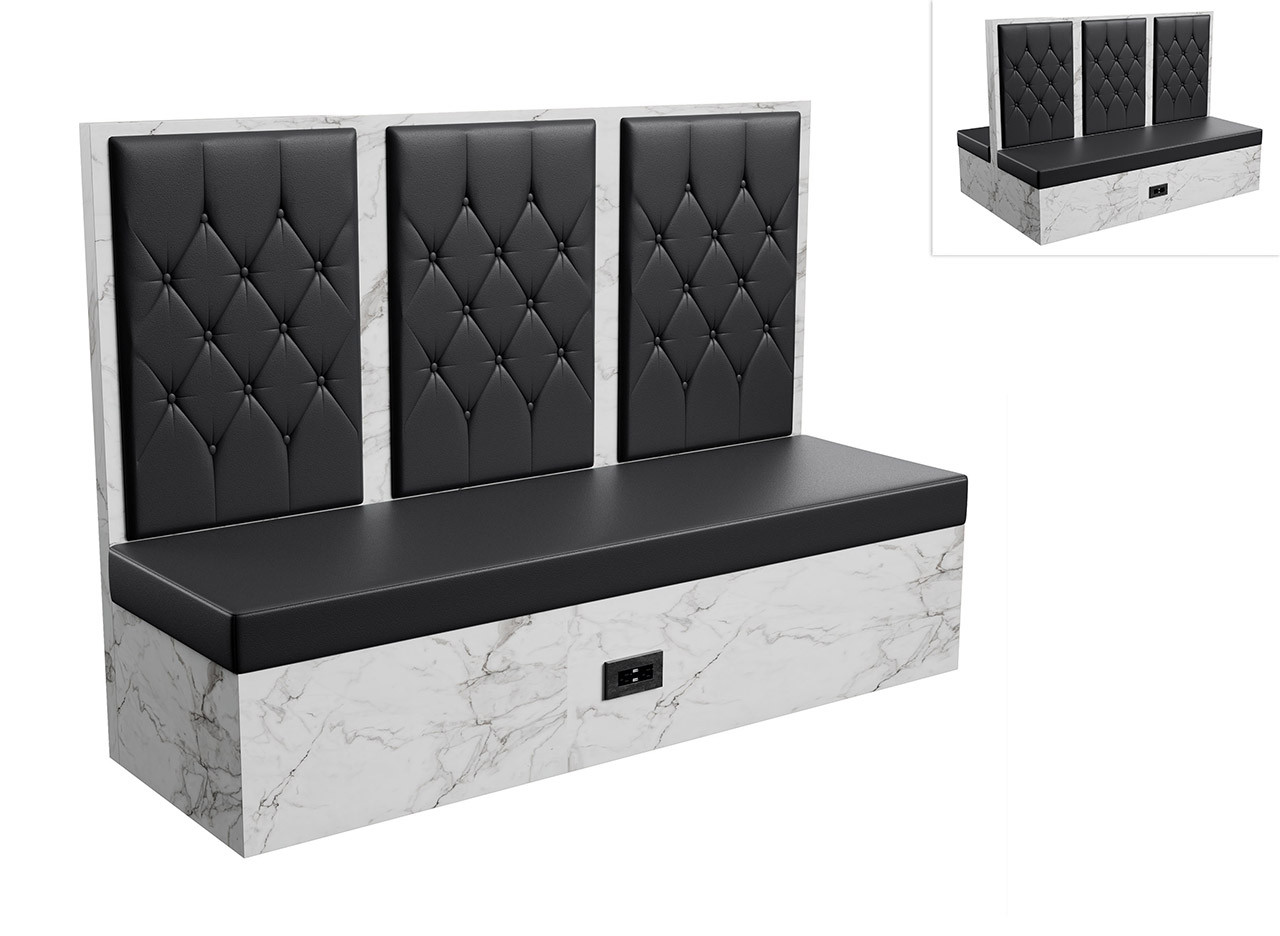 Restaurant Booth - Black Diamond Button Tufted Upholstery - Premium Formica® Wrapped Back,  Side & Base - Optional Power Outlet - Made in USA