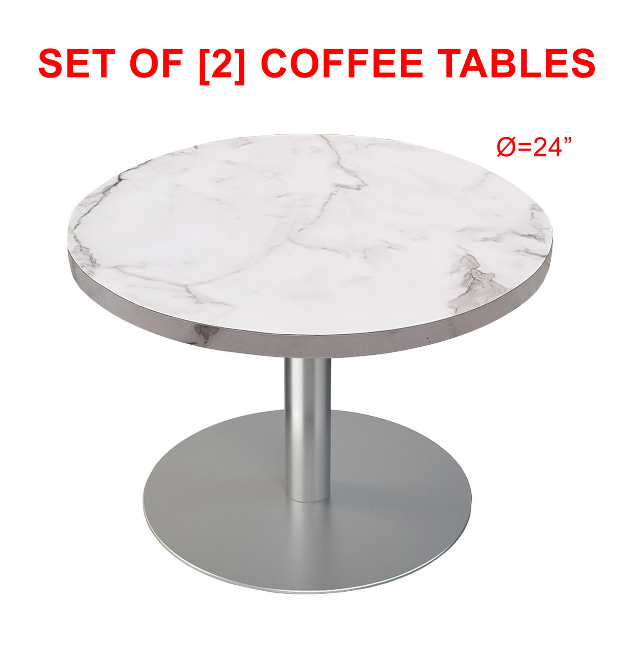 Set Of Two 24 Round Tables Calacatta Marble Formica Table Top With Brushed Steel Round Base Modernlinefurniture