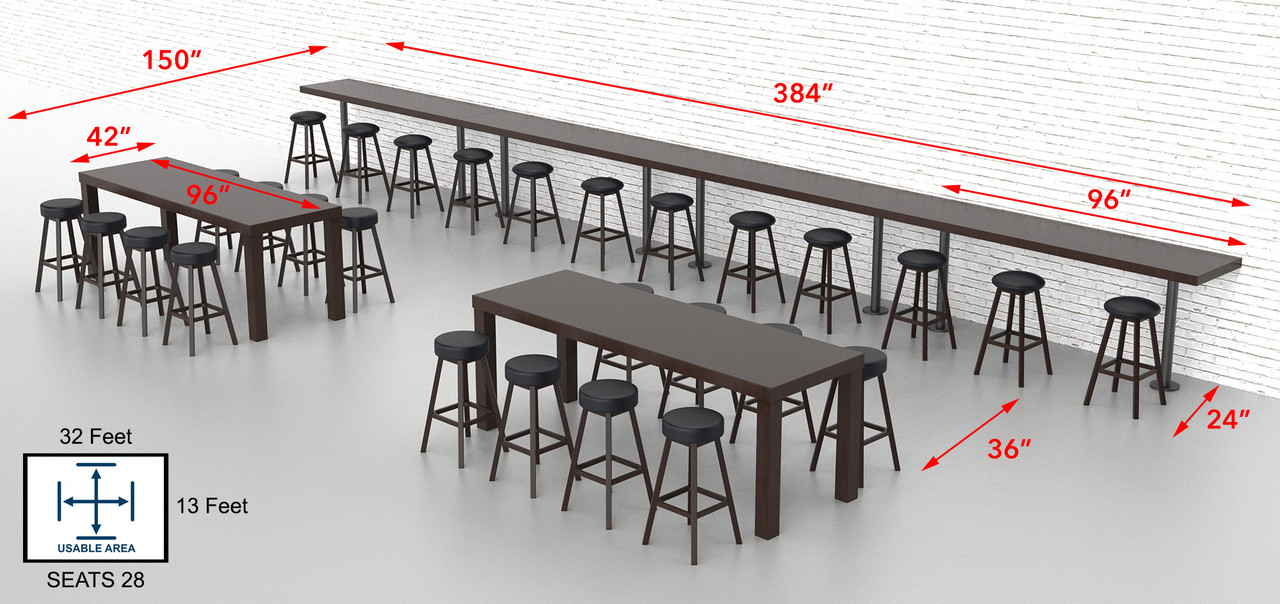 Bar Package - [2] Communal Bar Height Table 96 Long - [4] 24x96 Bolt  Down Tables - [ 28] Swivel Backless Black Bar Stools (SEATS 28) -  ModernLineFurniture®