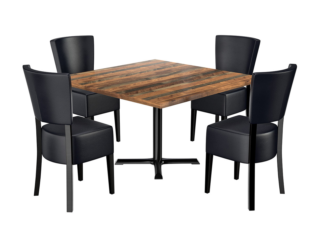 Restaurant Set of 42 Square Antique Bourton Pine Table On Heavy Duty Black  Iron Cast Base with Four Black Luie Restaurant Chairs