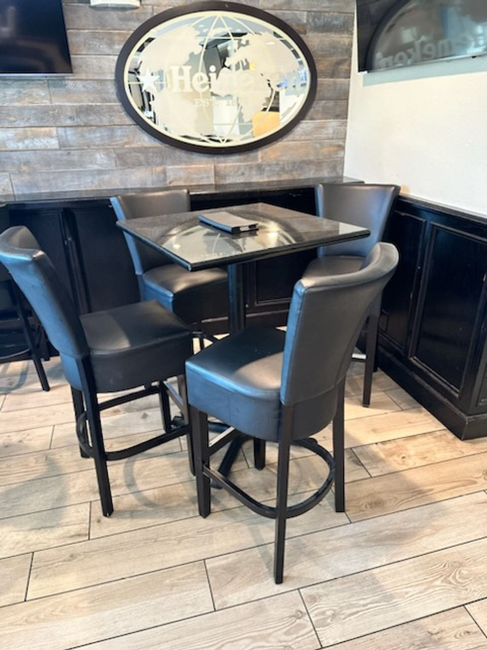 Restaurant Set of 42 Square Antique Bourton Pine Table On Heavy Duty Black  Iron Cast Base with Four Black Luie Restaurant Chairs - ModernLineFurniture®