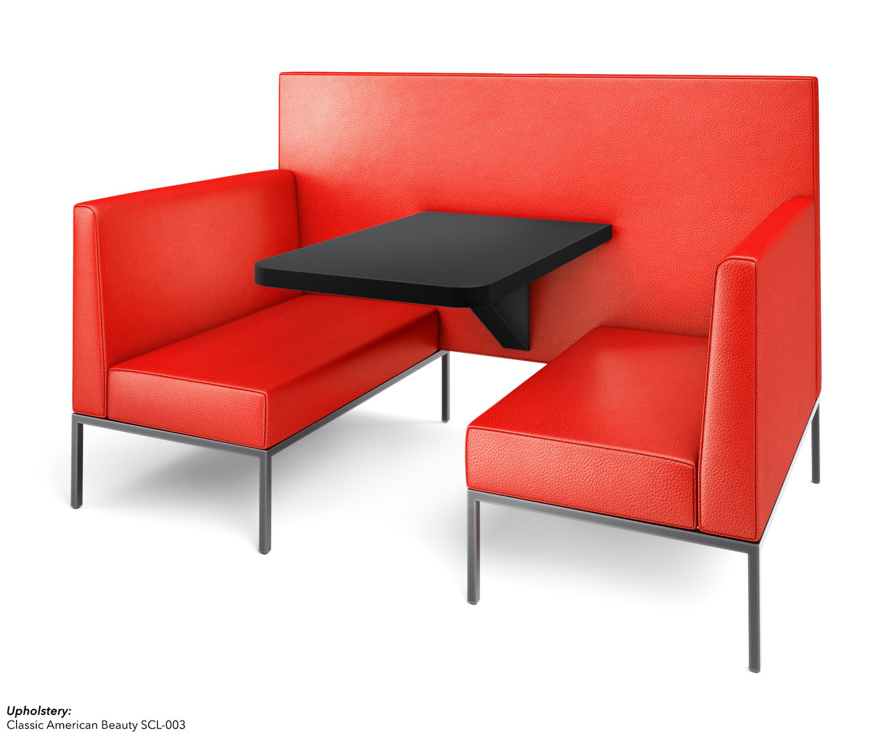 Modern 4-Seater All-in-One Booth Seating with Integrated Table and Privacy Wall - Gunmetal Frame - Optional Power Outlet Modern 4-Seater All-in-One Booth Seating with Integrated Table and Privacy Wall - Gunmetal Frame - Optional Power Outlet