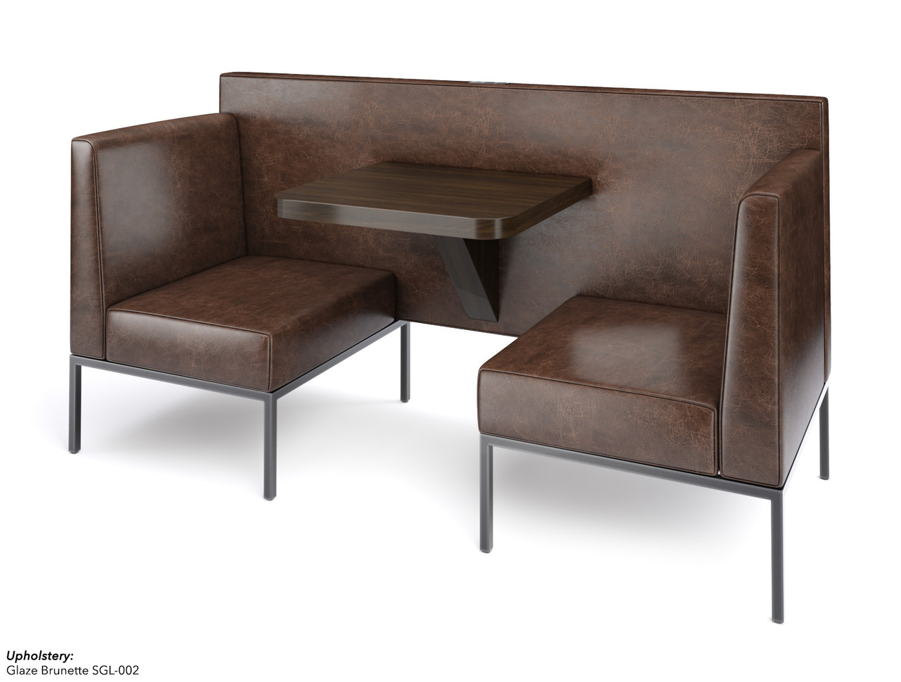 Modern 2-Seater All-in-One Booth Seating with Integrated Table and Privacy Wall - Gunmetal Frame - Optional Power Outlet Modern 2-Seater All-in-One Booth Seating with Integrated Table and Privacy Wall - Gunmetal Frame - Optional Power Outlet