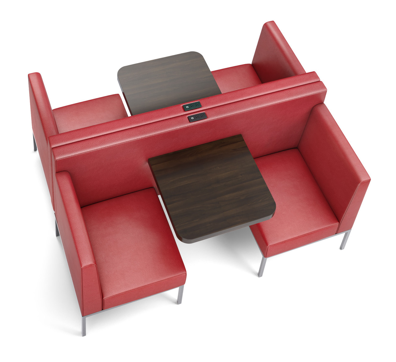Modern 2-Seater All-in-One Booth Seating with Integrated Table and Privacy Wall - Gunmetal Frame - Optional Power Outlet Modern 2-Seater All-in-One Booth Seating with Integrated Table and Privacy Wall - Gunmetal Frame - Optional Power Outlet