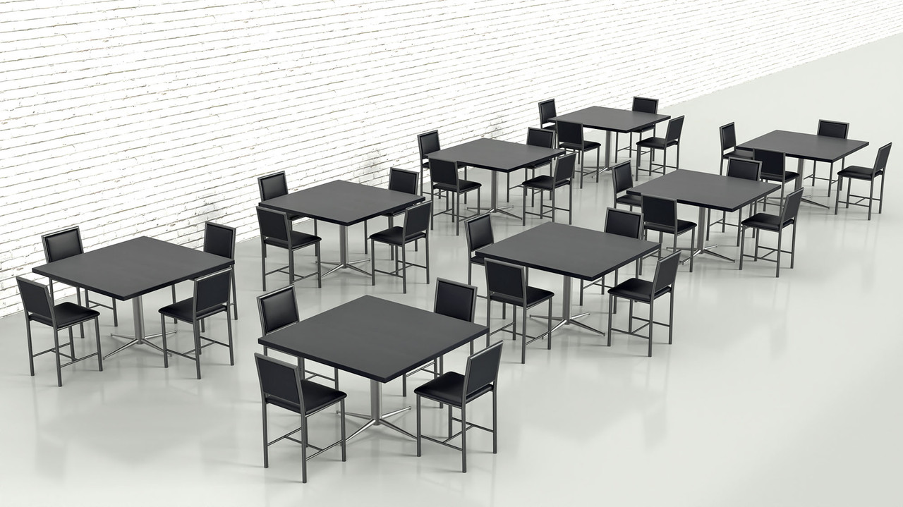 Restaurant Set of 36 Square Table On Stainless Steel 4-Prong - Heavy Duty  Base with Four Restaurant Chairs
