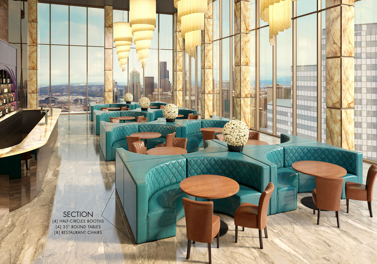 Luxury Restaurant Package - [4] Diamond Glaze Huron Half-Circle Booths - [4] Walnut Round 35" Tables - [8] Diamond Glaze Honey Restaurant Chairs (Seats 16)