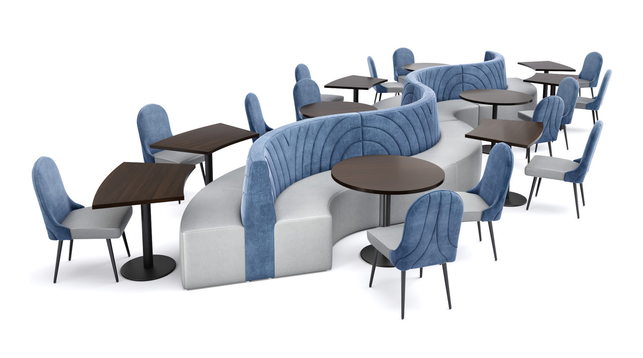 WAVE - 28' Long Restaurant Seating  with Tables and Chair - Made in USA - Premium Upholstery (Seats 26)