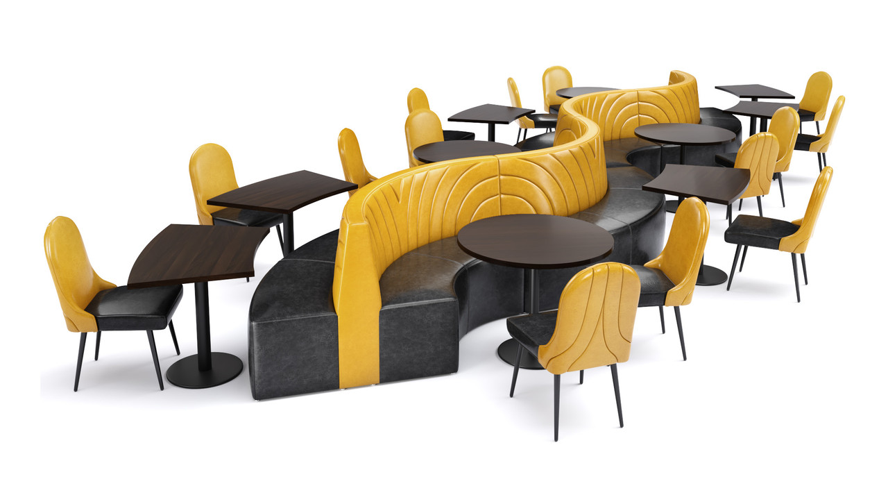 WAVE - 28' Long Restaurant Seating  with Tables and Chair - Made in USA - Premium Upholstery (Seats 26)