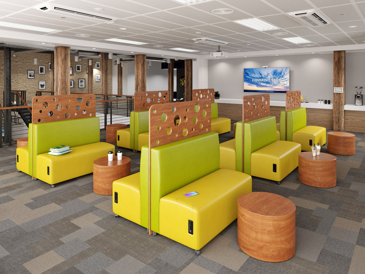 Student Lounge Package - Unique Mobility Design - Stella Sofas -  Perfect for Schools and Events - Power Outlets - 30" Round  Console Tables