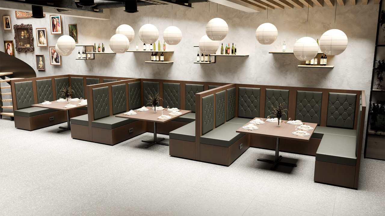 Package of Restaurant U-Shape Booths - Black Diamond Button Tufted Upholstery - Premium Formica® Wrapped Back,  Side & Base - 50x48 Walnut Restaurant Tables - Seats 18 Package of Restaurant U-Shape Booths - Black Diamond Button Tufted Upholstery - Premium Formica® Wrapped Back,  Side & Base - 50x48 Walnut Restaurant Tables - Seats 18