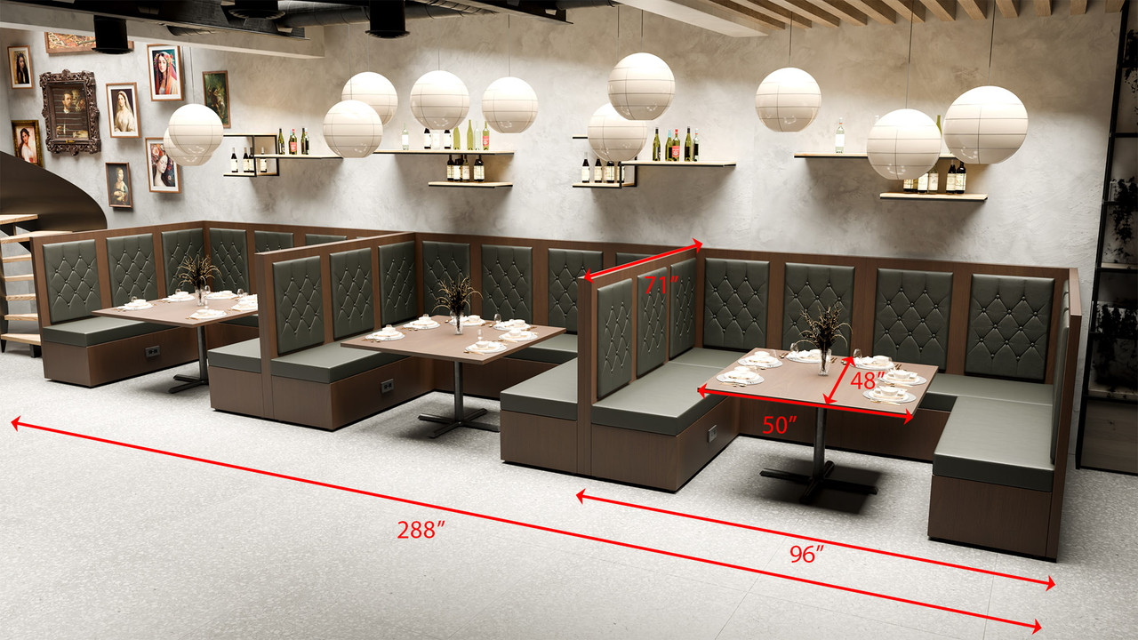 Package of Restaurant U-Shape Booths - Black Diamond Button Tufted Upholstery - Premium Formica® Wrapped Back,  Side & Base - 50x48 Walnut Restaurant Tables - Seats 18 Package of Restaurant U-Shape Booths - Black Diamond Button Tufted Upholstery - Premium Formica® Wrapped Back,  Side & Base - 50x48 Walnut Restaurant Tables - Seats 18