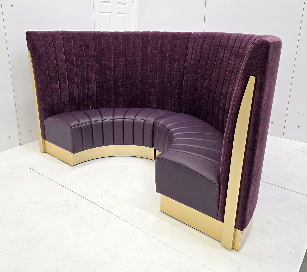 LUXOR  Restaurant Package- Spectacular 53" Tall Privacy Back - Half Circle Modern Channel Booths with Gold Accents with Round Marble Tables and Restaurant Chairs- High Quality Materials - Boutique Collection (Seats 36)