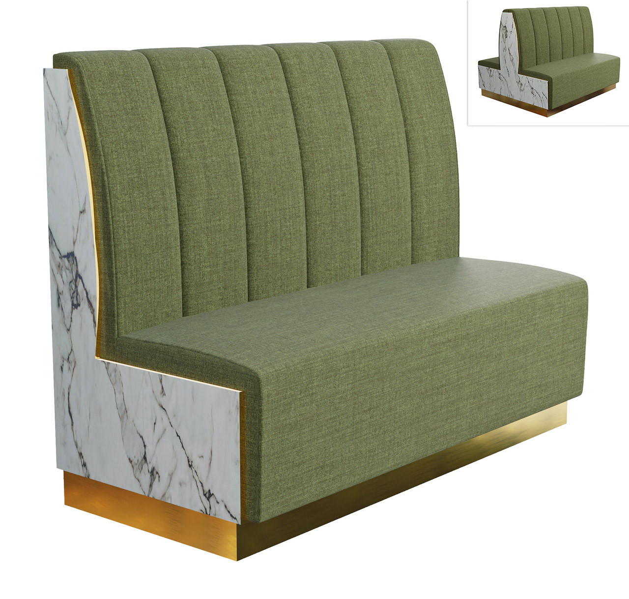 Modern Marmo Restaurant Booth - Premium Channel-Back Upholstery  with Laminated Accent Sidewalls with Gold Edges and Base Modern Marmo Restaurant Booth - Premium Channel-Back Upholstery  with Laminated Accent Sidewalls with Gold Edges and Base
