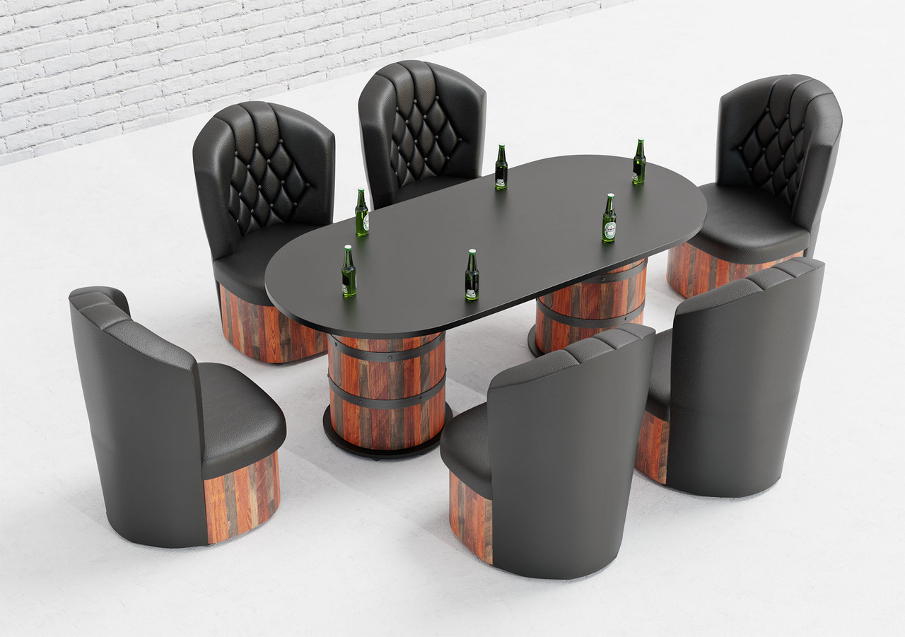 Package  of Whiskey Barrel 96" Oval Bar Table - Antique Bourbon Pine - Bronze Hoops and Rivets - 14 Barrel Chairs Package  of Whiskey Barrel 96" Oval Bar Table - Antique Bourbon Pine - Bronze Hoops and Rivets - 14 Barrel Chairs