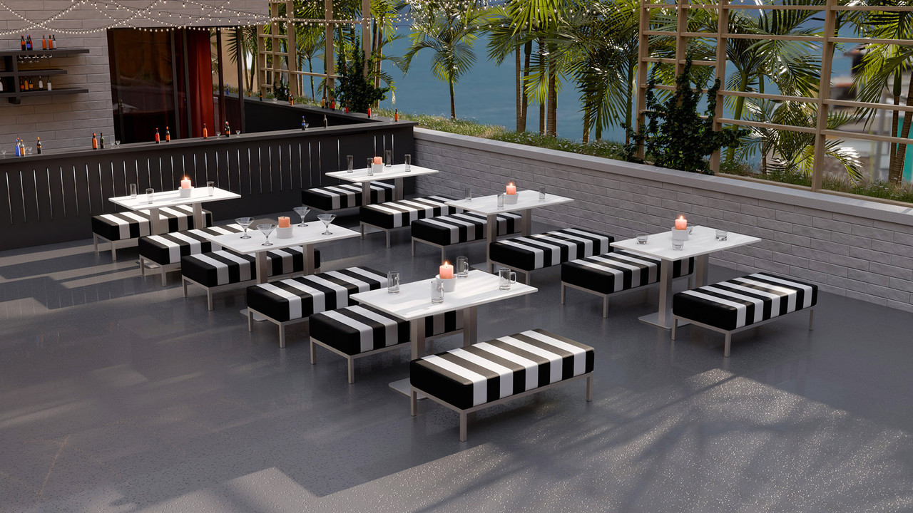 Outdoor Restaurant Seating Package - Premium  5-Yr Warranty Sunbrella Fabric - Marine Grade Seaboard Frame (SEATS 24)  Outdoor Restaurant Seating Package - Premium  5-Yr Warranty Sunbrella Fabric - Marine Grade Seaboard Frame (SEATS 24)