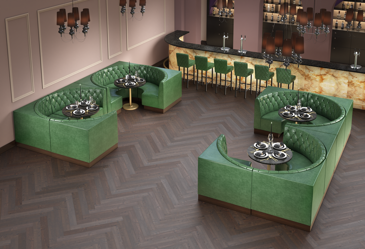 Premium Diamond Tufted 3/4 Circle Booths with Round Tables and Bar Stools (SEATS  22)