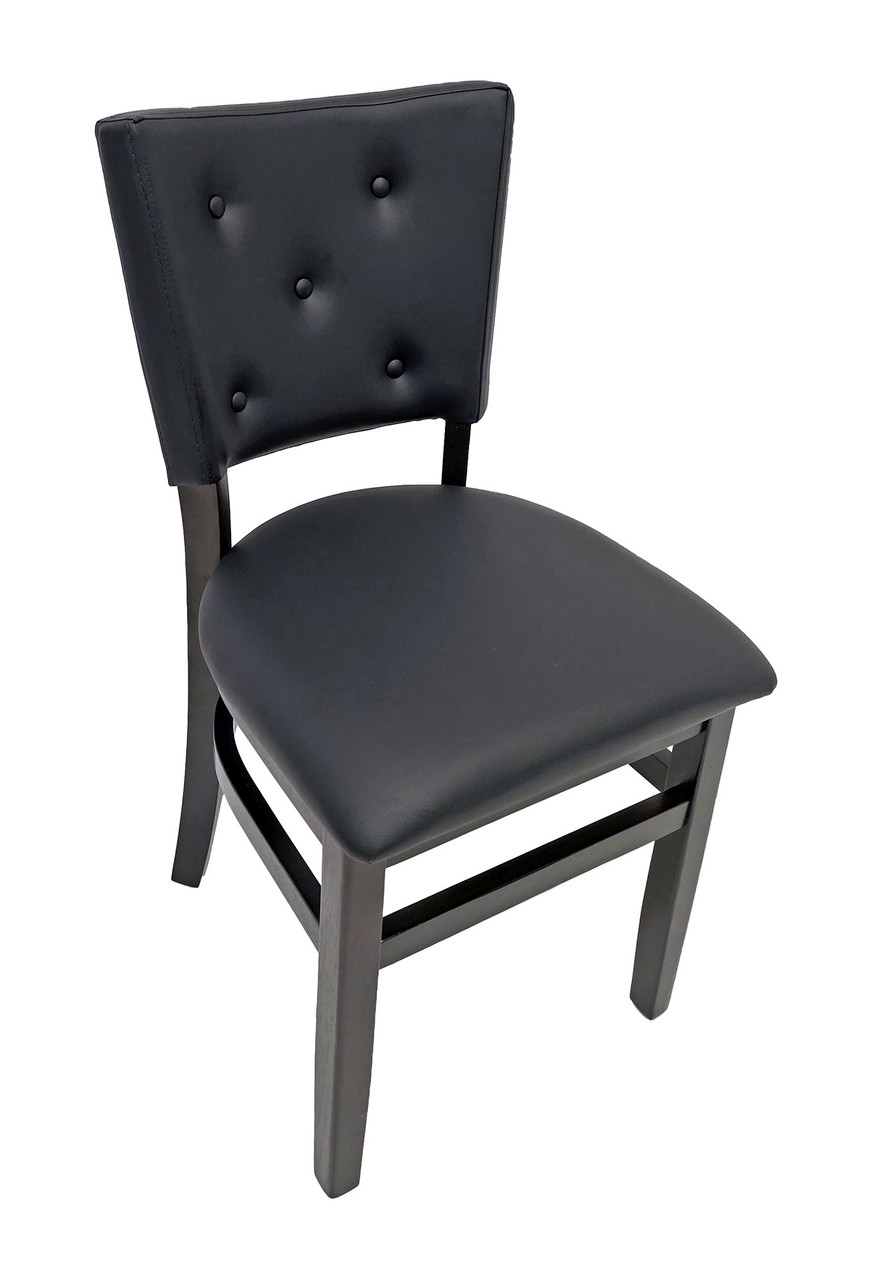 Black Restaurant Chair - Front and Back 5-Button Tufted Fully Upholstered - Espresso Solid Wood Frame