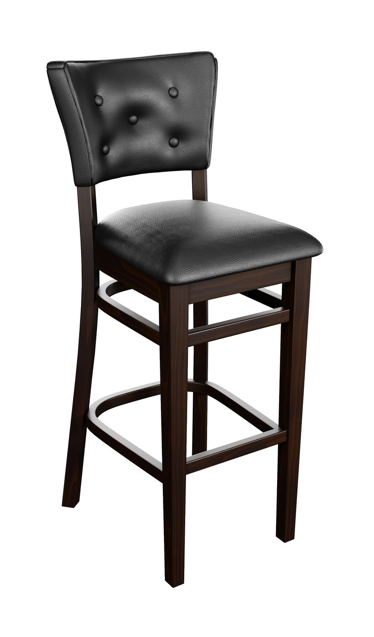 Black Bar Stool -5 Button Front  & Back Tufted Fully Upholstered - Espresso Solid Wood Frame Black Bar Stool -5 Button Front  & Back Tufted Fully Upholstered - Espresso Solid Wood Frame