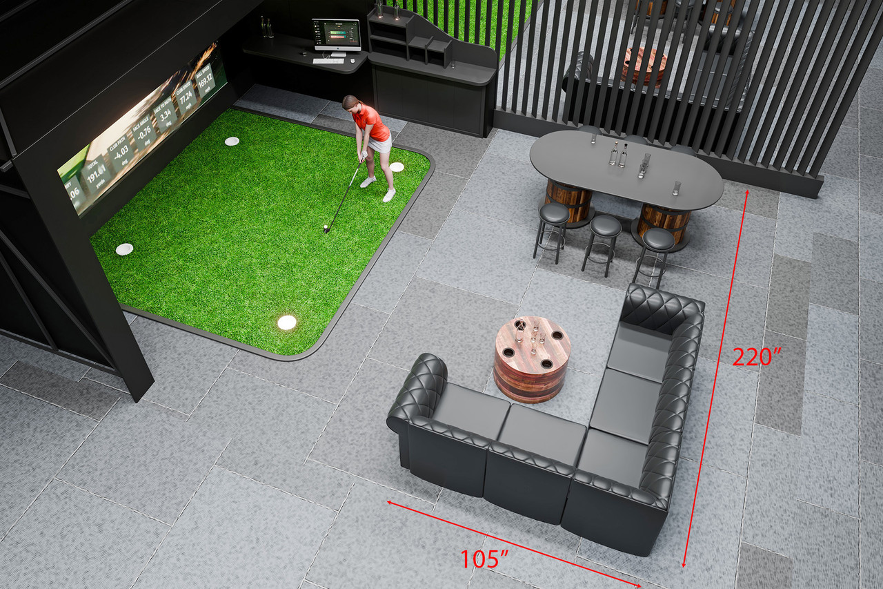 Golf Simulator Furniture Package - Rivera Lounge Seating - Diamond Tufted Upholstery - Whiskey Barrel 96" Bar Table with 6 Bar Stools (Seats  10)