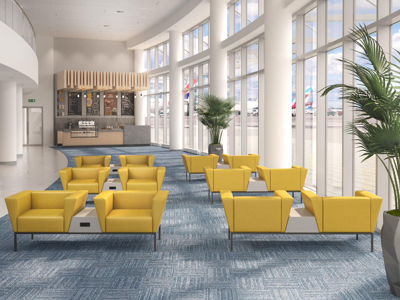 VICTOR Two-Chair Seating - Center Console Table with  USB/110v Outlet - Airport Furniture - Student Lounge Furniture