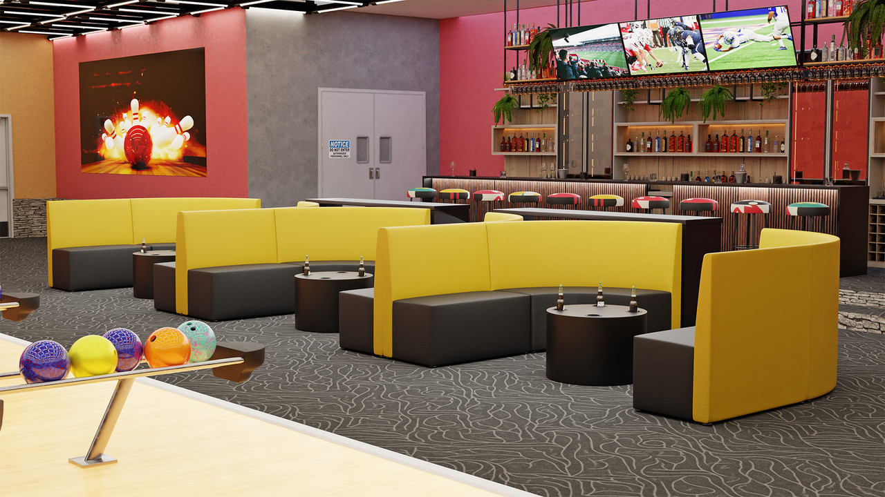 Bowling Exclusive Furniture Package featuring HORIZON Modular Curved Seating with Round Lounge Tables (Seats 32)