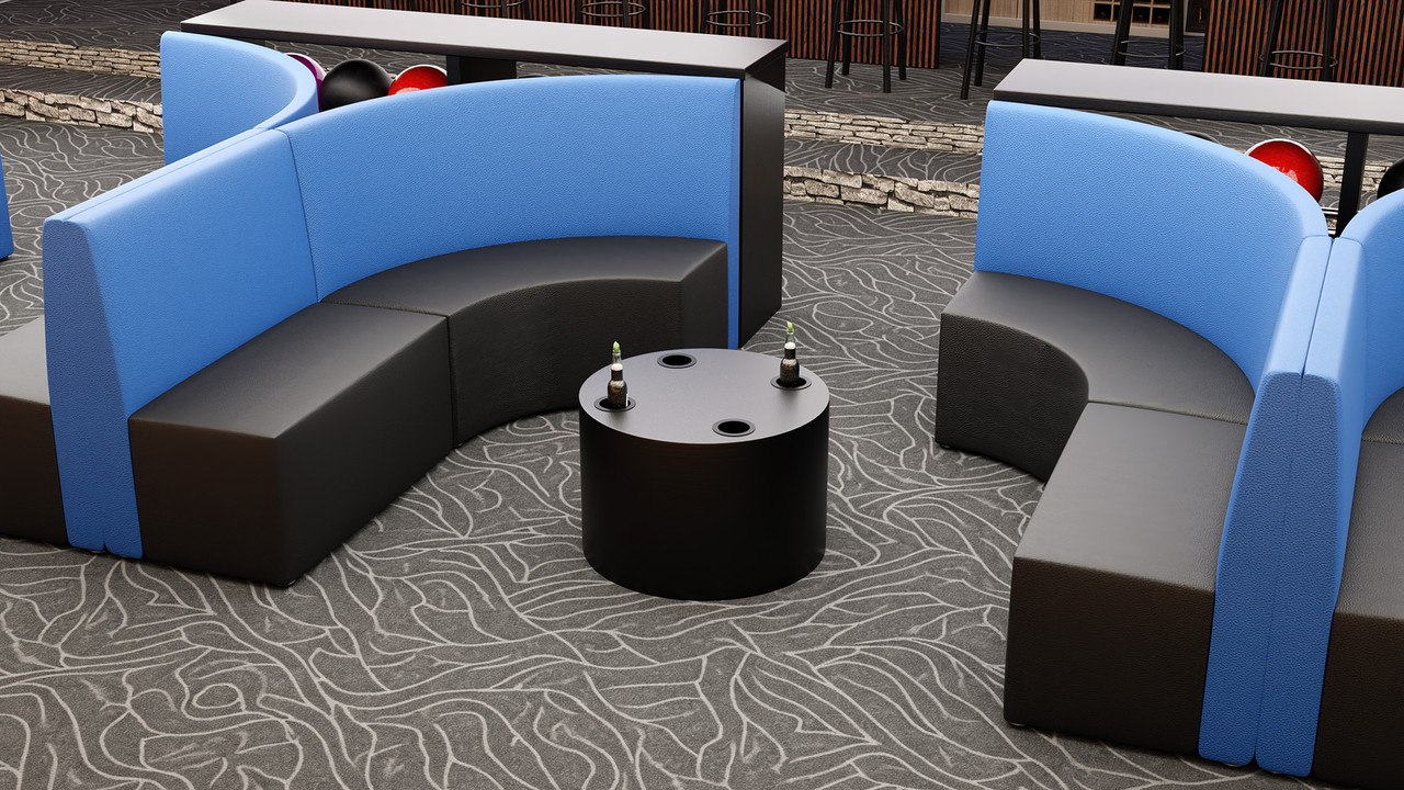 Bowling Exclusive Furniture Package featuring HORIZON Modular Curved Seating with Round Lounge Tables (Seats 32)