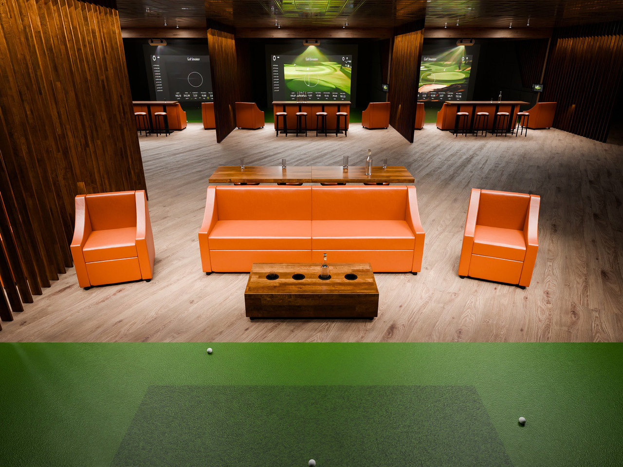 Leon-Z  Golf Furniture Package - 96" Long Sofa - Two Chairs - Tables - Bar Stools (Seats 10) 