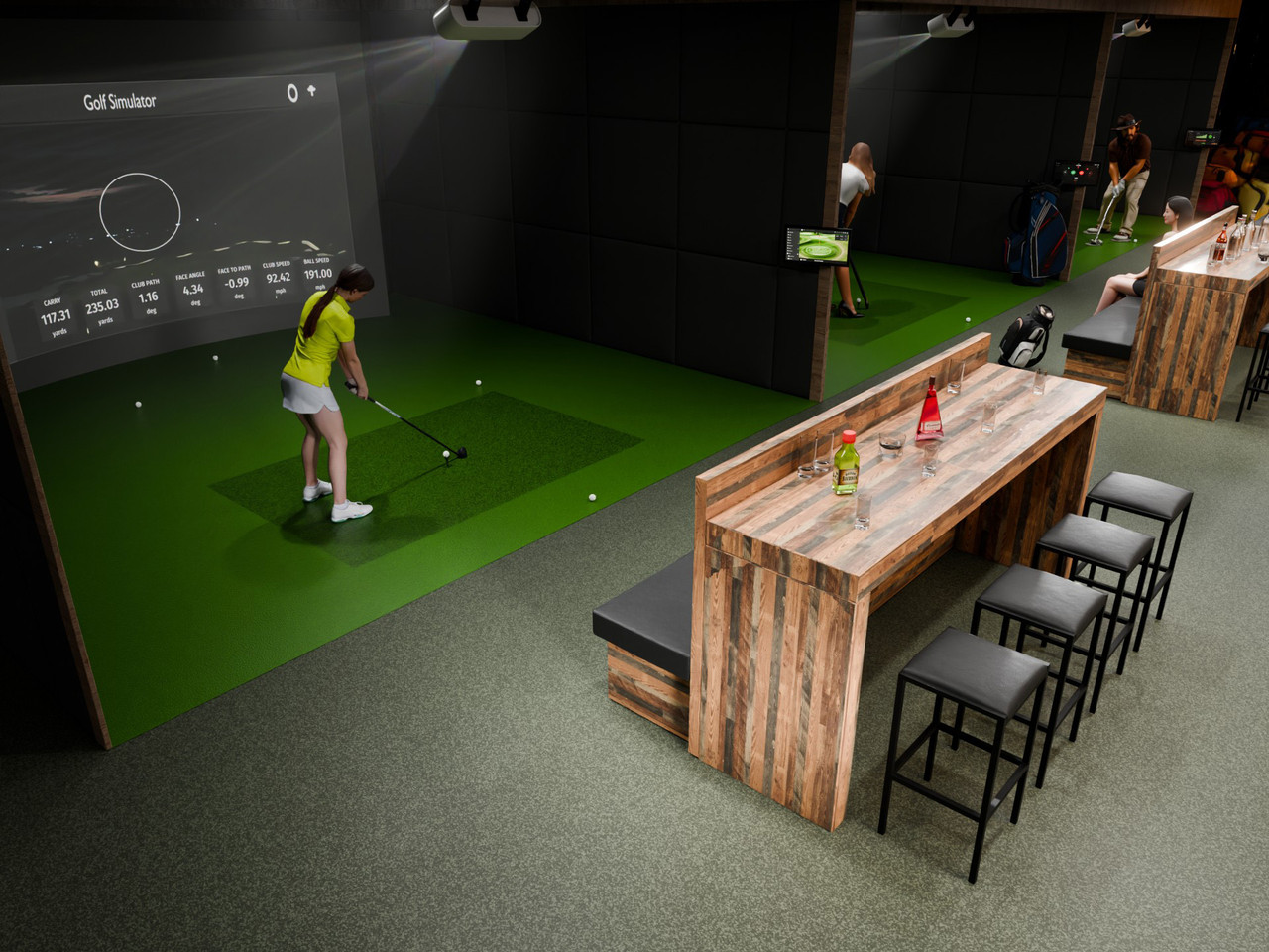 Golf Furniture Package of Maple Restaurant  Dual Button-Tufted-Panels Booths and 8' Communal Bar Table with 4 Bar Stools (Seats 8) Golf Furniture Package of Maple Restaurant  Dual Button-Tufted-Panels Booths and 8' Communal Bar Table with 4 Bar Stools (Seats 8)
