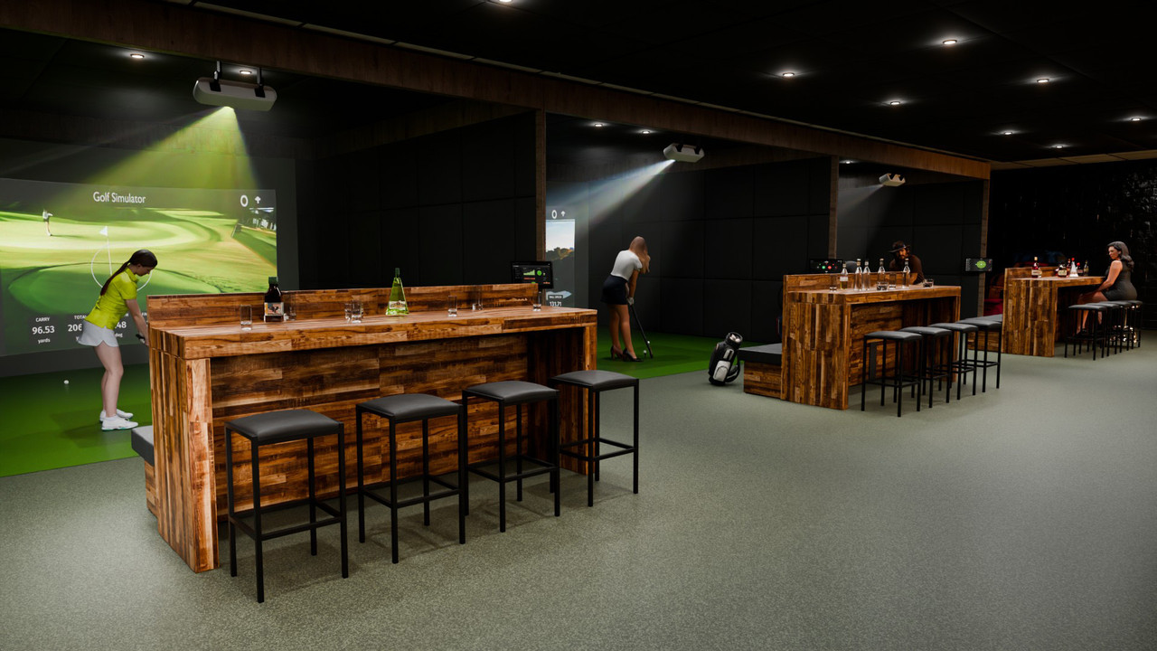 Golf Furniture Package of Maple Restaurant  Dual Button-Tufted-Panels Booths and 8' Communal Bar Table with 4 Bar Stools (Seats 8) Golf Furniture Package of Maple Restaurant  Dual Button-Tufted-Panels Booths and 8' Communal Bar Table with 4 Bar Stools (Seats 8)