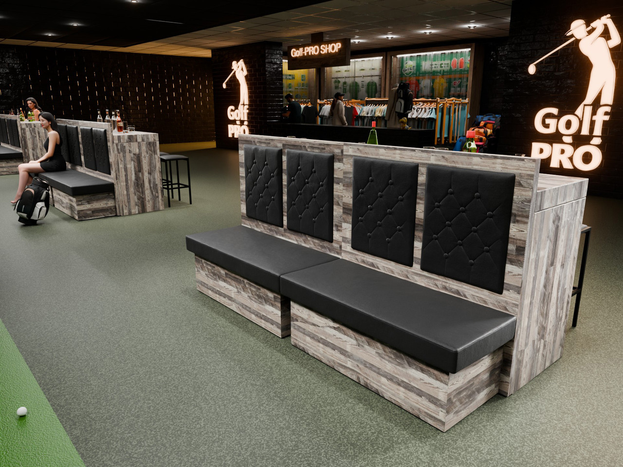Golf Furniture Package of Maple Restaurant  Dual Button-Tufted-Panels Booths and 8' Communal Bar Table with 4 Bar Stools (Seats 8) Golf Furniture Package of Maple Restaurant  Dual Button-Tufted-Panels Booths and 8' Communal Bar Table with 4 Bar Stools (Seats 8)