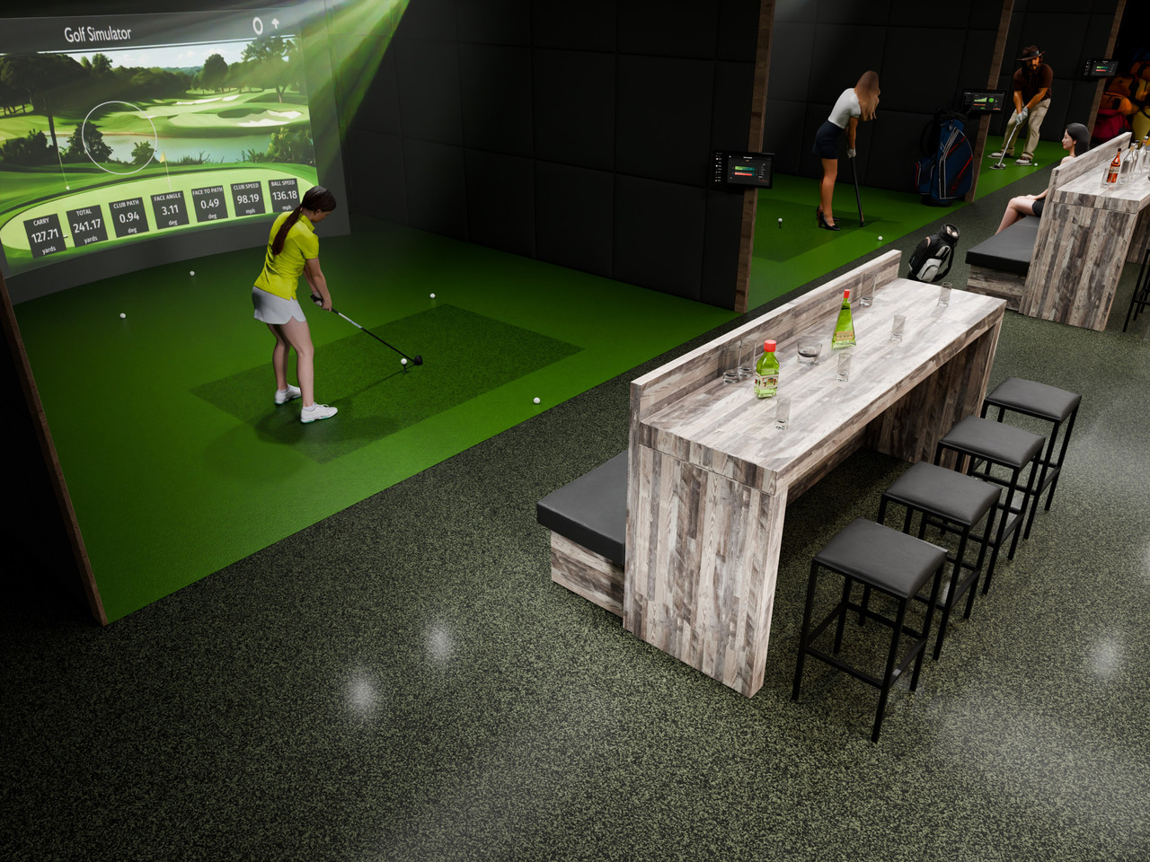 Golf Furniture Package of Maple Restaurant  Dual Button-Tufted-Panels Booths and 8' Communal Bar Table with 4 Bar Stools (Seats 8) Golf Furniture Package of Maple Restaurant  Dual Button-Tufted-Panels Booths and 8' Communal Bar Table with 4 Bar Stools (Seats 8)