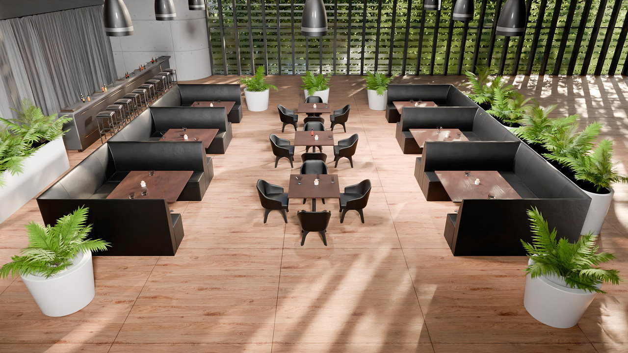 Black Restaurant U-Shapes Booth Package with 42" Square Walnut Restaurant Tables  and Chairs (SEATS 48)