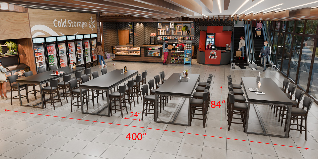 Overstock Deal: Set of [4] Black Communal Bar-Height Tables -  [32] Wood Frame Bar Stools