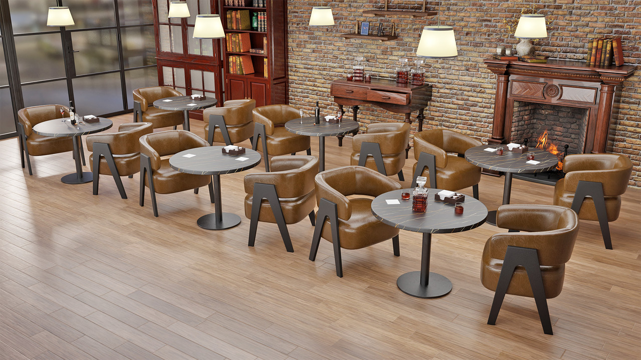 NAPOLI Modern Lounge Package - Glazy Honey Club Chairs - Extra Comfort Seat -  Round Sahara Noir Tables (Seats 12)
