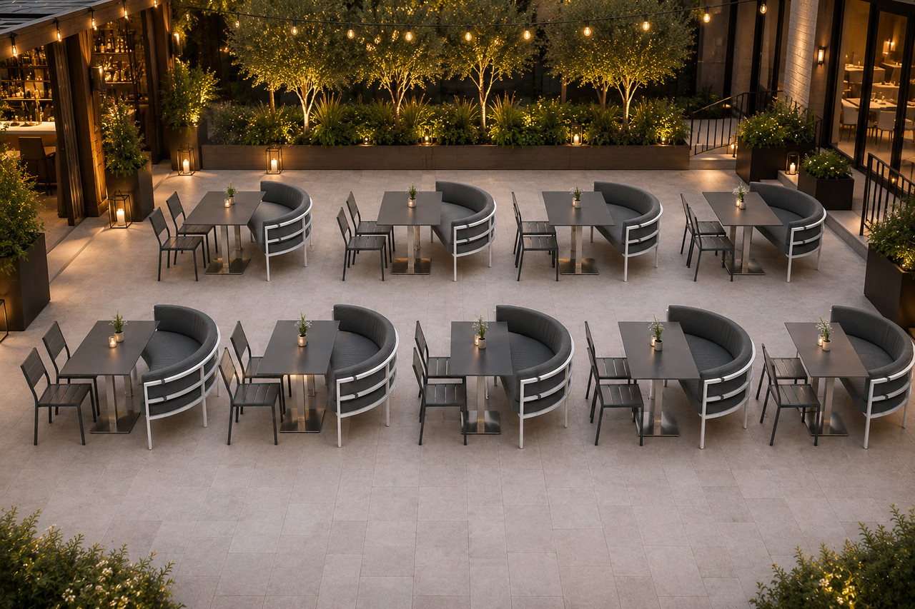 Last Package Left! Outdoor Cafe Package - Premium  5-Yr Warranty Sunbrella Fabric - Fully Welded Heavy-Duty White Metal Frame (Seats 40)