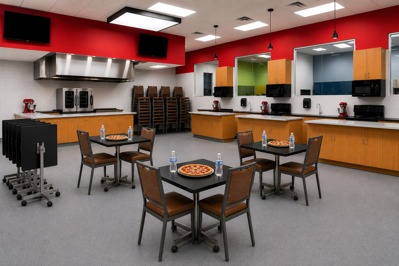 SET OF [6]  Black 36" Square Tables on Stainless Steel Bases with Casters - Easy Fold & Stack For Storage (Dining or Bar Height)