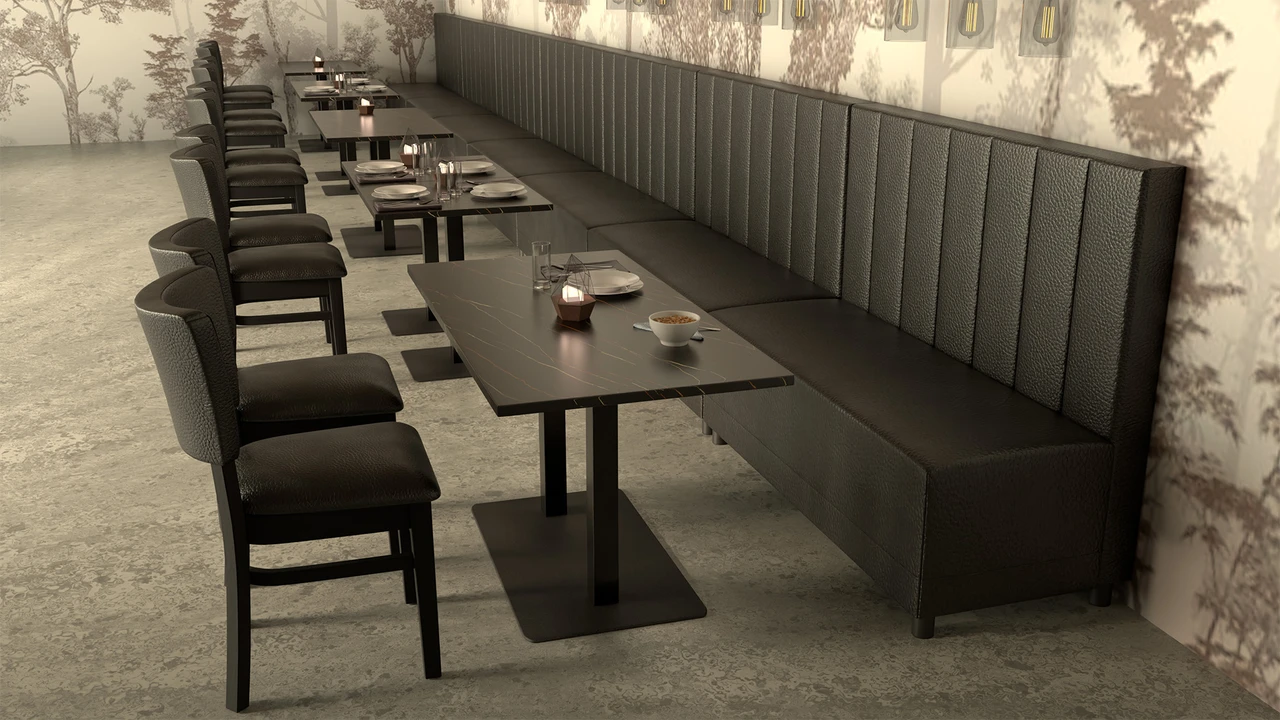 Black Legacy Booths and Sahara Noir Restaurant Tables Package with Restaurant Chairs - Seats 20