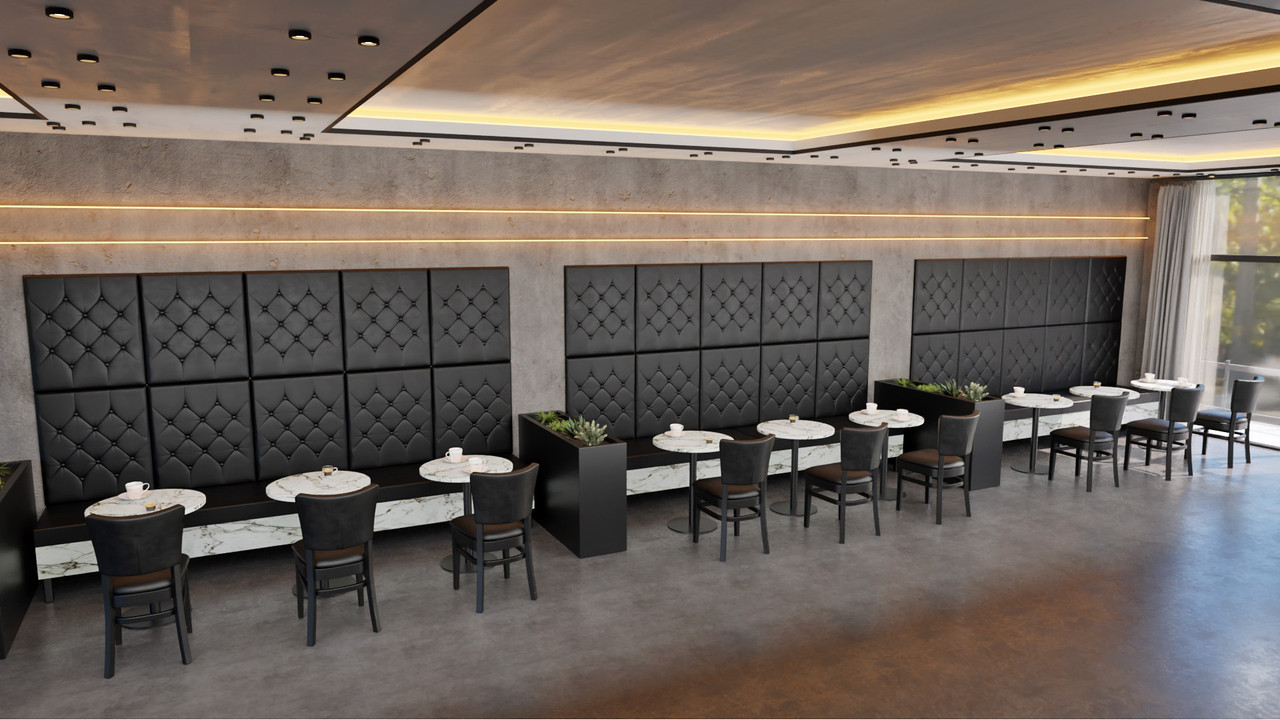 Black Tufted Wall Panels with Artdeco Luxury Banquette Seating - Long Bench - Calcutta Marble Base (Seats  6)