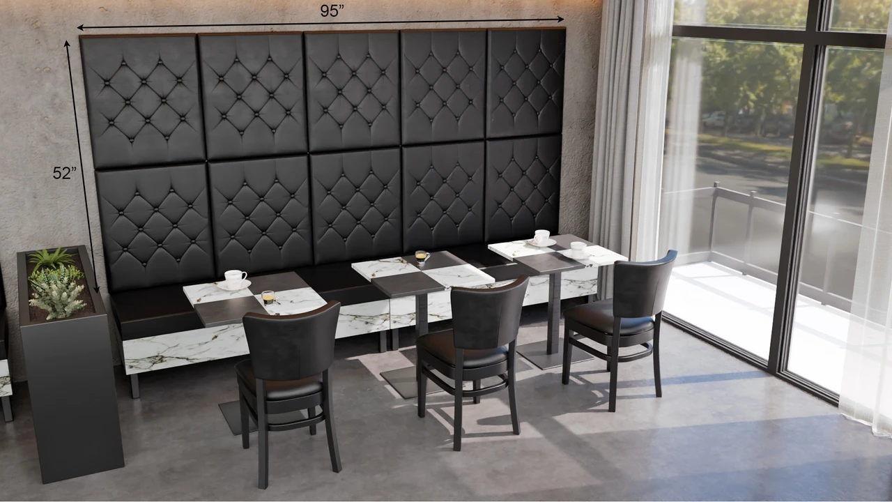 Black Tufted Wall Panels with Artdeco Luxury Banquette Seating - Long Bench - Two Tone Table Tops (Seats  6)
