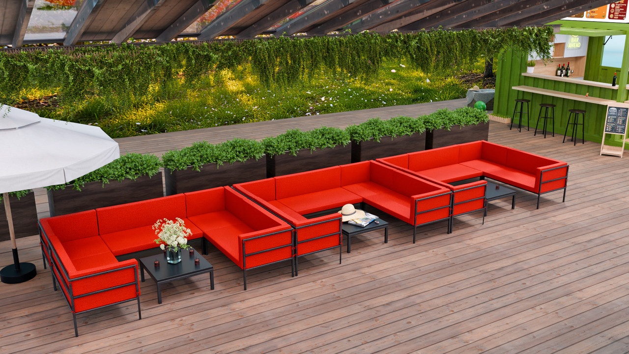 Outdoor Lounge Set - HERMOSA Heavy-Duty Outdoor Modular [3] U-shapes Lounge Seating  - Sunbrella Seating - Gunmetal Frame -  Lounge Tables (Seats 18)